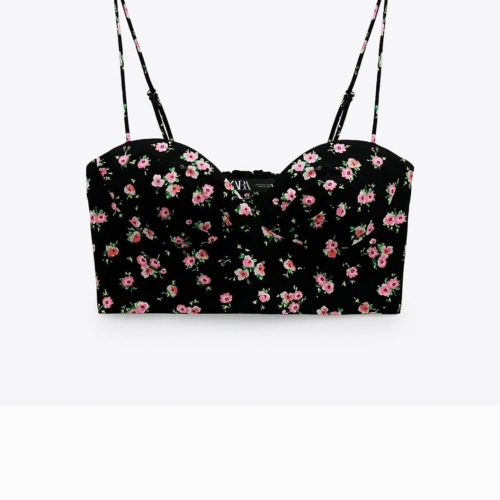 ZARA Floral Bustier Corset Crop Top Black Pink Size Small - Picture 2 of 9